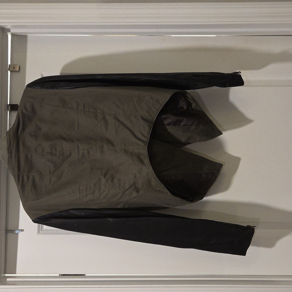 Aqua Olive Green & Black Mixed-Media Moto Jacket With Leather Sleeves  Size L! - Picture 2 of 9